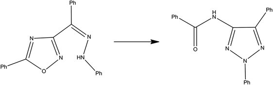 
              Rearrangement of Z-phenylhydrazone of 3-benzoyl-5-phenyl-1,2,4-oxadiazole into 4-benzoylamino-2,5-diphenyl-1,2,3-triazole.