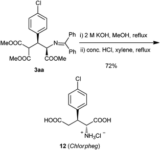 One pot imine and ester hydrolysis of 3aa to give Chlorpheg 12 in 72% yield.
