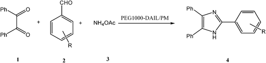 Synthesis of 2,4,5-trisubstituted imidazoles catalyzed by ionic liquid.