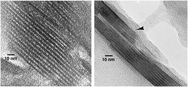 
          TEM images of calcined MCM-36 and MCM-22 showing permanent separation of the MCM-22 monolayers by pillaring.