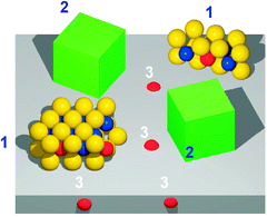 Schematic representation of the CoMoS model under reaction conditions. Co is present in three different phases. (1) The active CoMoS nanoparticles; (2) a thermodynamically stable cobalt sulfide (Co9S8); (3) Co dissolved in the Al2O3 support. Only the CoMoS particles are catalytically active. Taken from ref. 69.