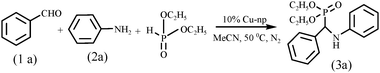 Cu-nanoparticles catalyzed A2-P coupling reaction of benzaldehyde, aniline and diethyl phosphite.