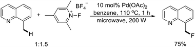 
            Pd(ii)-catalyzed quinoline-directed fluorination of benzylic C–H bonds with N-fluoropyridinium salts.26