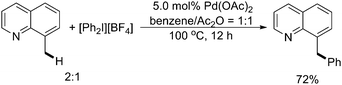 
            Pd(ii)-catalyzed quinoline-directed arylation of benzylic C–H bonds with diaryliodonium(iii) salts.27