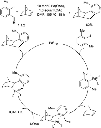 
            Pd(0)-catalyzed benzylic C–H activation with norbornene.30