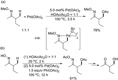 
            Pd(ii)-catalyzed oxime-directed acetoxylation of sp3 C–H bonds with PhI(OAc)2.34,35
