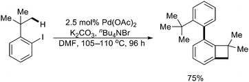 
              Pd(0)-catalyzed domino coupling of 2-iodo-tert-butylbenzene with sequential sp3/sp2 C–H activation.44
