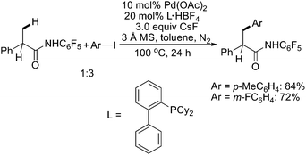 
              Pd(0)-catalyzed N-pentafluorophenyl amide-directed arylation of sp3 C–H bonds with aryl iodides.47