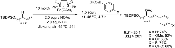 
            Pd(ii)-catalyzed sequential allylic C–H oxidation/vinylic C–H arylation.9