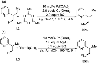 
              Pd(ii)-catalyzed pyridine-directed alkylation of sp3 C–H bonds with methylboroxine and alkylboronic acids.61