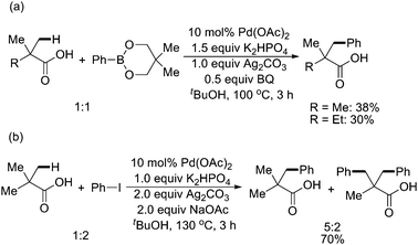 
              Pd(ii)-catalyzed carboxylic acid-directed arylation of sp3 C–H bonds with phenylboronate and aryl iodides.63