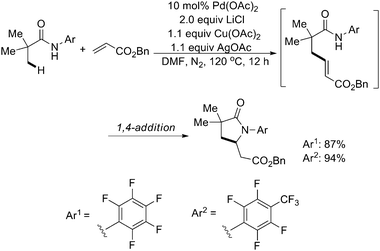 
              Pd(ii)-catalyzed N-arylamide-directed olefination of sp3 C–H bonds with benzyl acrylate.65