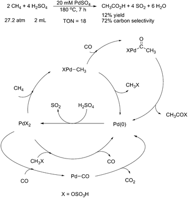
          Pd(ii)-catalyzed tandem oxidative condensation of methane to acetic acidvia sp3 C–H activation.73