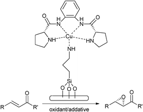 Epoxidation of unsaturated ketones using a heterogenised prolinamide copper complex.