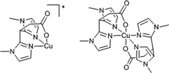 Charged 1 ∶ 1 Cu-complex which can coordinate to the zeolite framework oxygen atoms (left) and the neutral homogeneous 1 ∶ 2 complex coordinated through two NNO-ligands (right).68