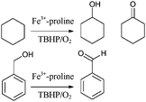 Cyclohexane oxidation to cyclohexanol and cyclohexanone (top). Benzyl alcohol oxidation to benzaldehyde (bottom).