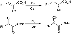 Asymmetric hydrogenation of E-α-phenyl cinnamic acid and methyl benzoylformate.