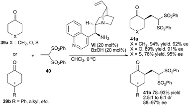 Asymmetric Michael addition of cyclic ketones to vinyl sulfone.