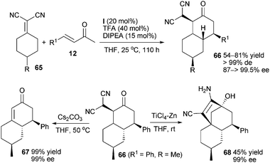 Asymmetric desymmetrisation of prochiral α,α-dicyanoalkenes via domino double Michael addition.