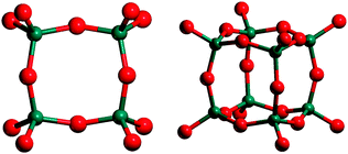 
          4MR (left) and D4R (right) secondary building units in zeolites. Red and green balls represent O and Si atoms, respectively.