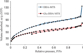 
            Nitrogen adsorption–desorption isotherms for DDA-MTS and Glu-DDA-MTS.