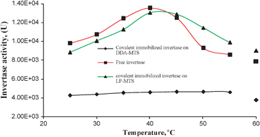 Effect of temperature and type of support on the activities of free and covalent immobilized invertases.