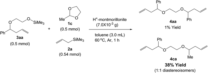 Reaction of ring-opening allylation product 3aa in the presence of acetal 1c and allyltrimethylsilane 2a using H+-montmorillonite.
