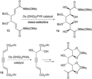 Os-catalyzed asymmetric dihydroxylation of dienes 13 and 15.