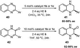 Rueping's organocatalytic transfer hydrogenation of quinoxalines and quinoxalinones.