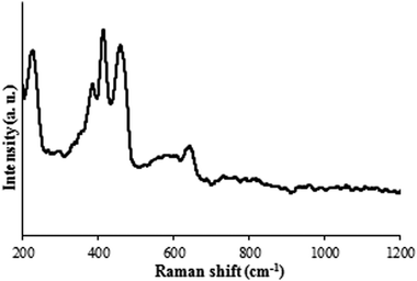 
            Raman spectra of the MoS2 plate synthesized at 700 °C and annealed at 1000 °C. The reaction time was 2.5 h.