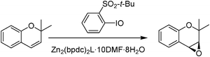 Enantioselective epoxidation of 2,2-dimethyl-2H-chromene by 2-tert-butylsulfonyliodobenzene as oxidant using Zn2(bpdc)2L·10DMF·8H2O as a heterogeneous catalyst.