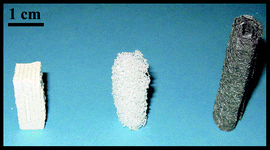 Photograph of the monolithic supports used in this study. From left to right: cordierite honeycomb (400 cpsi), α-Al2O3 foam and coiled up Ni fleece. The weight of each monolith was adjusted to 1 g.