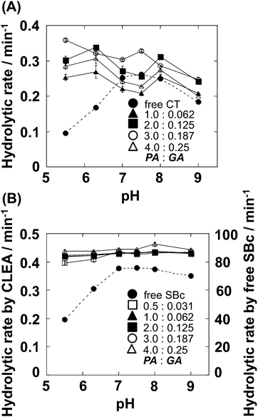 pH profile of CT-CLEA (A) and SBc-CLEA (B) prepared using different concentrations of PA (%, v/v) and GA (%, v/v). Hydrolytic reactions were conducted in 20 mM PB (pH 7.5) at 30 °C. Substrate: GPNA (1 mM) for CT-CLEA; Suc-AAPF-pNA (200 μM) for SBc-CLEA. Concentrations of free CT and free SBc were 50 and 2 μg mL−1, respectively. The graph shows the mean ± standard error for at least three experiments.