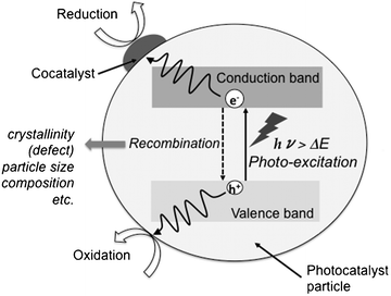 Model of reaction, charge separation, and recombination over photocatalyst.