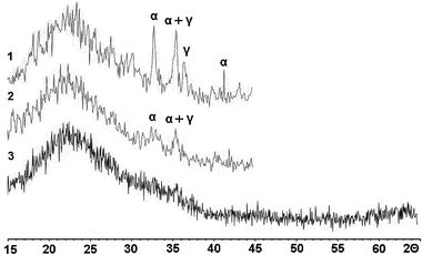 
            XRD patterns for the Fe-MCM-41 catalysts with 6–11 wt% Fe: 1 – Fe(6)-MCM-41s; 2 – Fe(7)-MCM-41a; 3 – Fe(11)-MCM-41n. Reflections of bulk oxides α-Fe2O3 and γ-Fe2O3 are marked with α and γ, respectively.