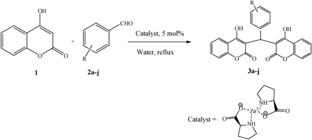 Synthesis of dicoumarol derivatives using the Zn(Proline)2 catalyst in water.