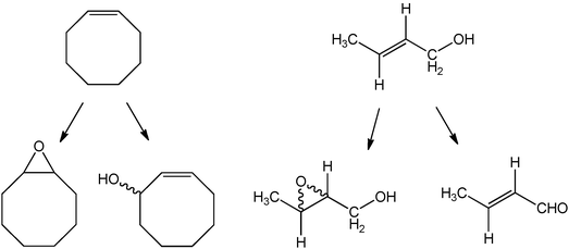 
              Cis-cyclooctene and trans-crotyl alcohol, together with their principal expected products under heterogeneous epoxidation conditions.