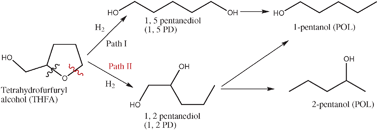 Possible reaction pathways of THFA hydrogenolysis.