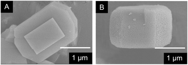 
            SEM images of Fe-ZSM-5 (A) and Fe-ZSM-5-AT (B).