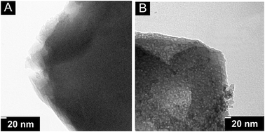 
            TEM images of Fe-ZSM-5 (A) and Fe-ZSM-5-AT (B).