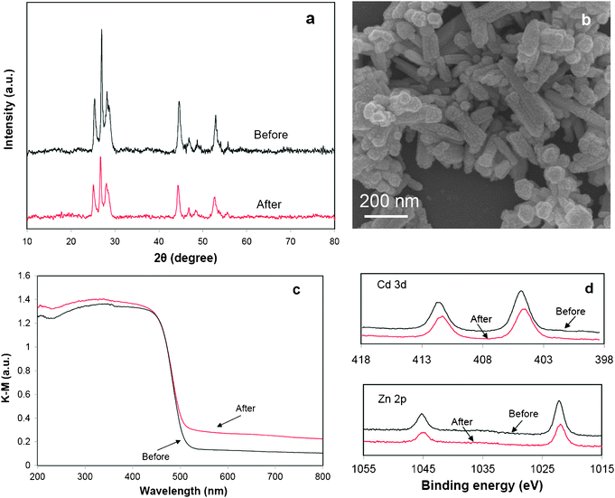 Comparison of properties of sample Zn0.5Cd0.5S before and after 20 h photocatalytic reaction under visible light irradiation, (a) XRD, (b) SEM image (after reaction), (c) UV-vis DRS, (d) XPS of Cd 3d and Zn 2p.