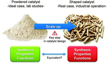 The scale up of hierarchical zeolites is a key step in catalysts design. It remains unsure whether the structure–property–function relationships established from lab-scale powders are equivalent to those of ton-scale shaped catalysts.