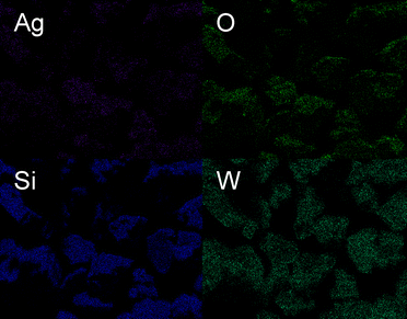
          EDX mapping of Ag, O, Si, and W elements within the Ag2H2SiW12O40 POM crystal.