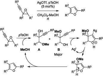 Mechanism for the Ag- and acid catalyzed rearrangement of alkynyloxiranes to furans.