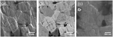 
            Helium
            ion microscopy (HIM) images of a region of the β-Mo2C surface representative of the area giving the RAIRS and XPS data shown above. (a) SE2 image of the active carbide surface showing the topological features of the sample. (b) Backscattered ion image of the same area showing channelling contrast from the grains. (c) High magnification SE2 image of the surface showing an example of the surface nanostructure.