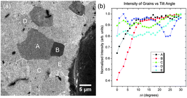 
            Helium
            ion microscopy data. (a) Backscattered ion image of the active carbide surface showing the channelling contrast in the sample. (b) Normalized intensity from the regions labelled A–E. The local minima indicate a channelling condition. The large particle on the right of the image was used for image registration.