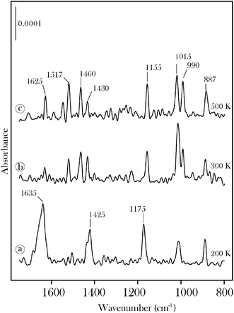 
            RAIRS data for (a) molecular acrolein on β-Mo2C at 200 K and for the surface groups formed on annealing the sample to (b) 300 K and (c) 500 K.