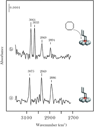 
            RAIRS data for the interaction of 1,3,5,7-cyclooctatetraene (COT) with a propylidiene functionalized β-Mo2C surface. The alkylidene functionalized surface (a) was prepared by chemisorbing (20 L) acrolein and annealing to 400 K. The interaction with COT was studied at 300 K.