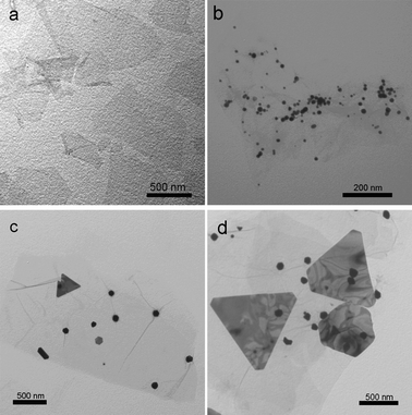 
          TEM images of TA/GO (a), Au nanostructures/GO obtained with the use of 30 μL (b), 60 μL (c), and 100 μL (d) of HAuCl4.