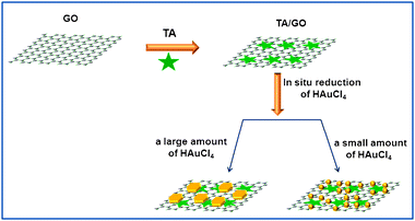 A scheme (not to scale) to illustrate the noncovalent functionalization of GO by TA and the subsequent preparation of Au nanostructures/GO nanocomposites by in situ chemical reduction of gold salts.